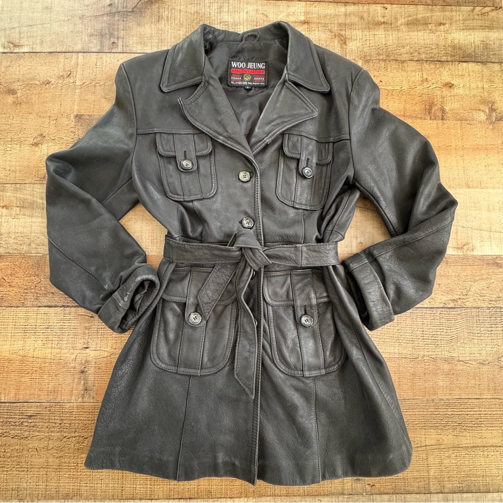 80s Black Leather Trench Coat Matte Black Womens Large Utility Pockets